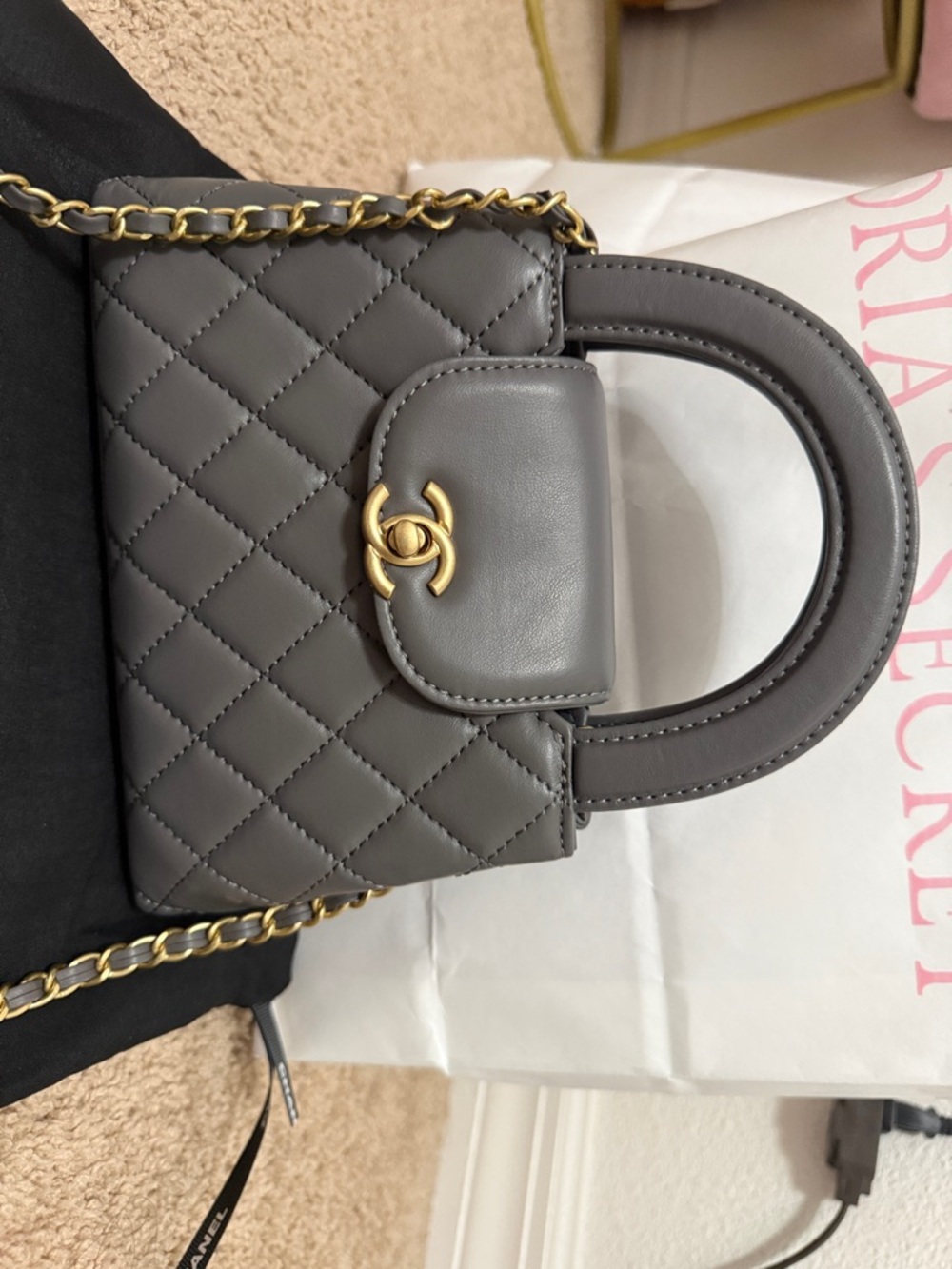 Chanel Quilted Top-Handle Bag in Gray with Gold Chain - Picture 2 of 4